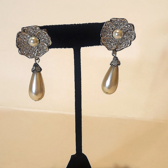 Vintage Crystal Pearl Drop Earrings - Picture 1 of 6